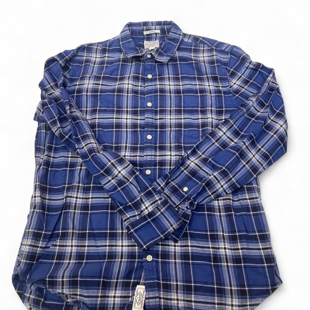 Lucky Brand Mens Slim Fit Plaid Button Down Shirt Blue White Large Long Sleeve